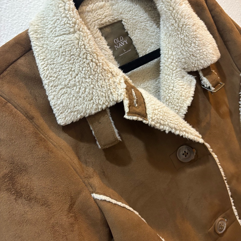 Y2K 2006  Old Navy Faux Suede Sherpa Jacket Women’s Large – Brown / Cream - Picture 8 of 16